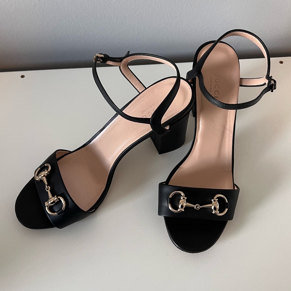 Gucci Miro Black Leather Horsebit Strap Block Heel Sandals - Picture 2 of 13